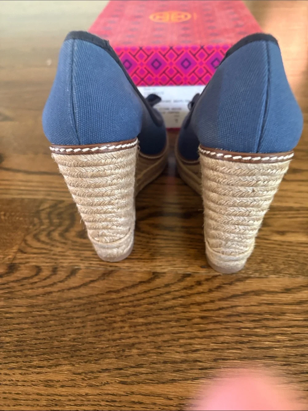 Tory Burch Navy Canvas Espadrille Wedge with Bow and Gold Logo
